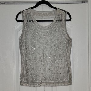 Embellished Sleeveless Beaded Tank Top - Silver/White
